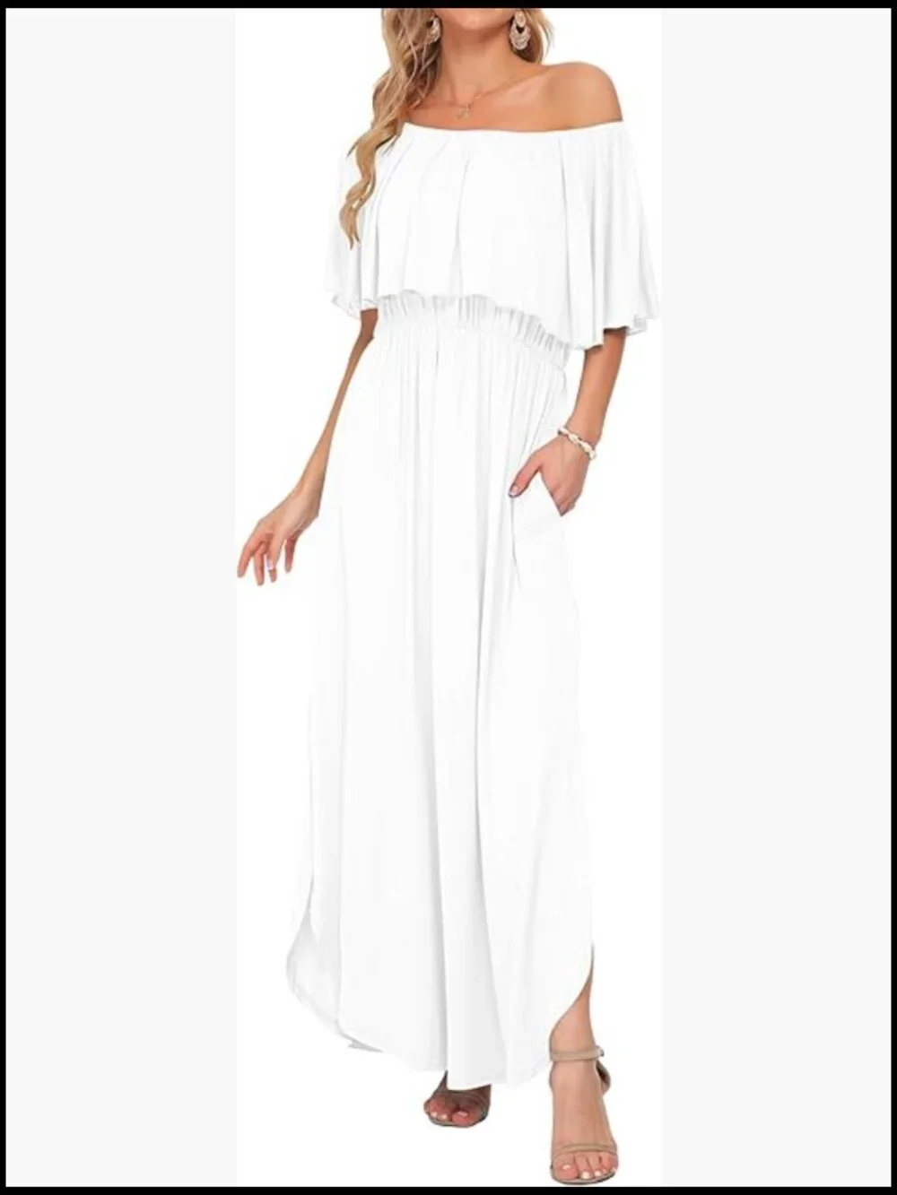 Off The Shoulder Maxi Dress with Pockets Side Split Ruffle